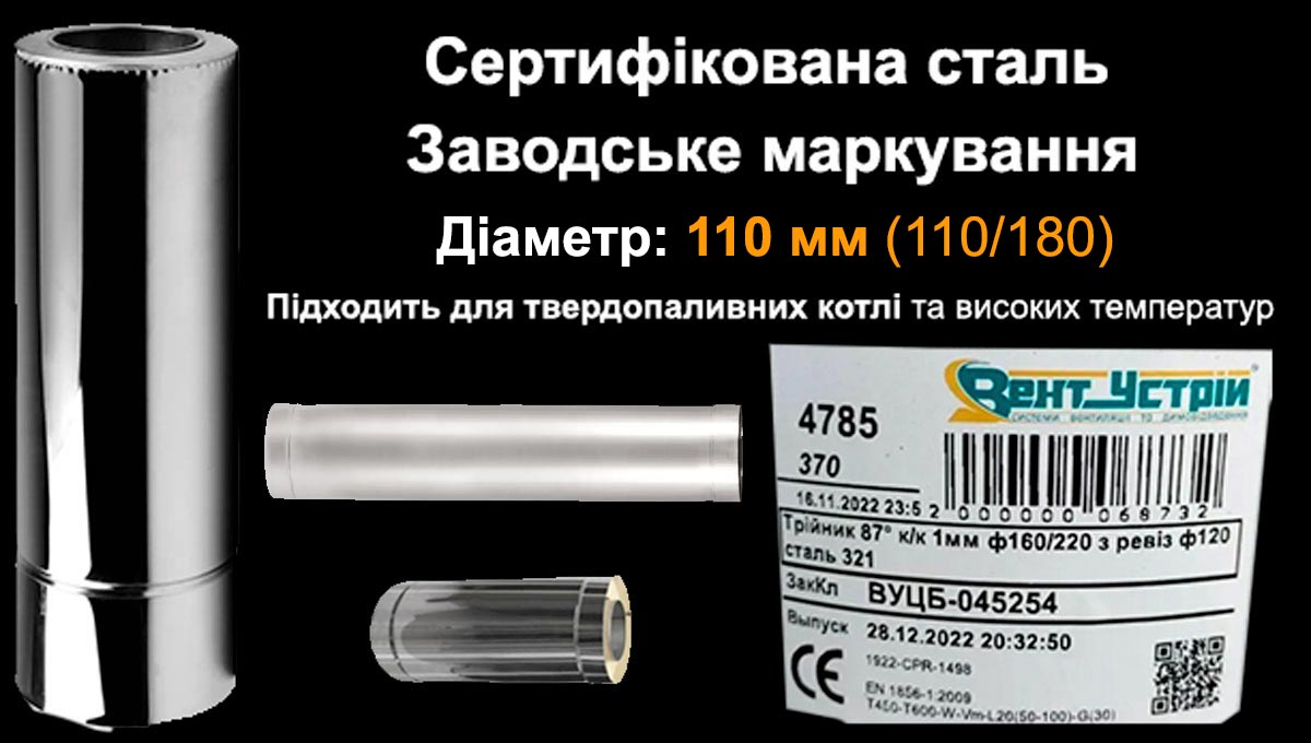 Сендвіч труба Ø110 мм з нержавійки для димоходу Сендвіч труба з нержавійки Ø110 мм 0,3м 0,5м 1м для котла Вент-Устрій