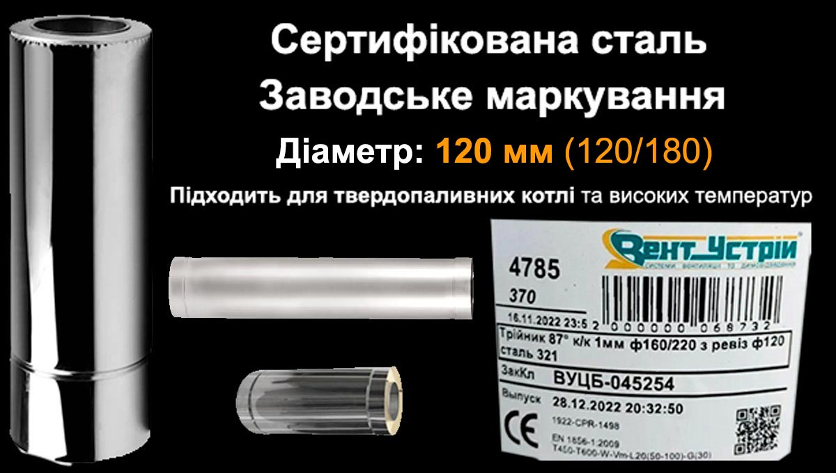 Сендвіч труба Ø120 мм з нержавійки для димоходу Сендвіч труба з нержавійки Ø120 мм 0,3м 0,5м 1м для котла Вент-Устрій