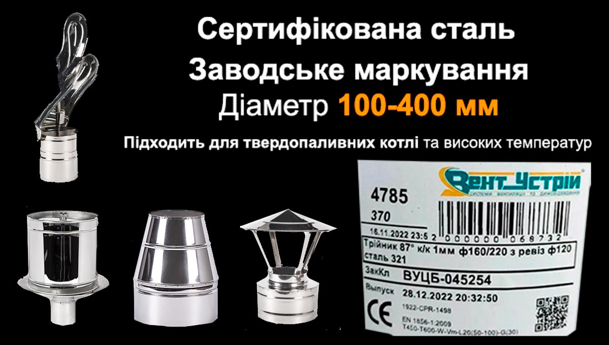 Сендвіч труба Ø400 мм з нержавійки для димоходу Закінчення димоходу з нержавійки Вент-Устрій